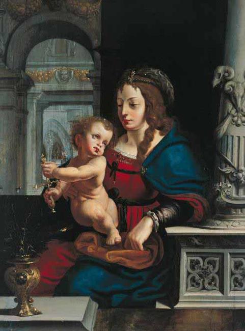 Joos van cleve Madonna and Child againt the renaissance background Germany oil painting art